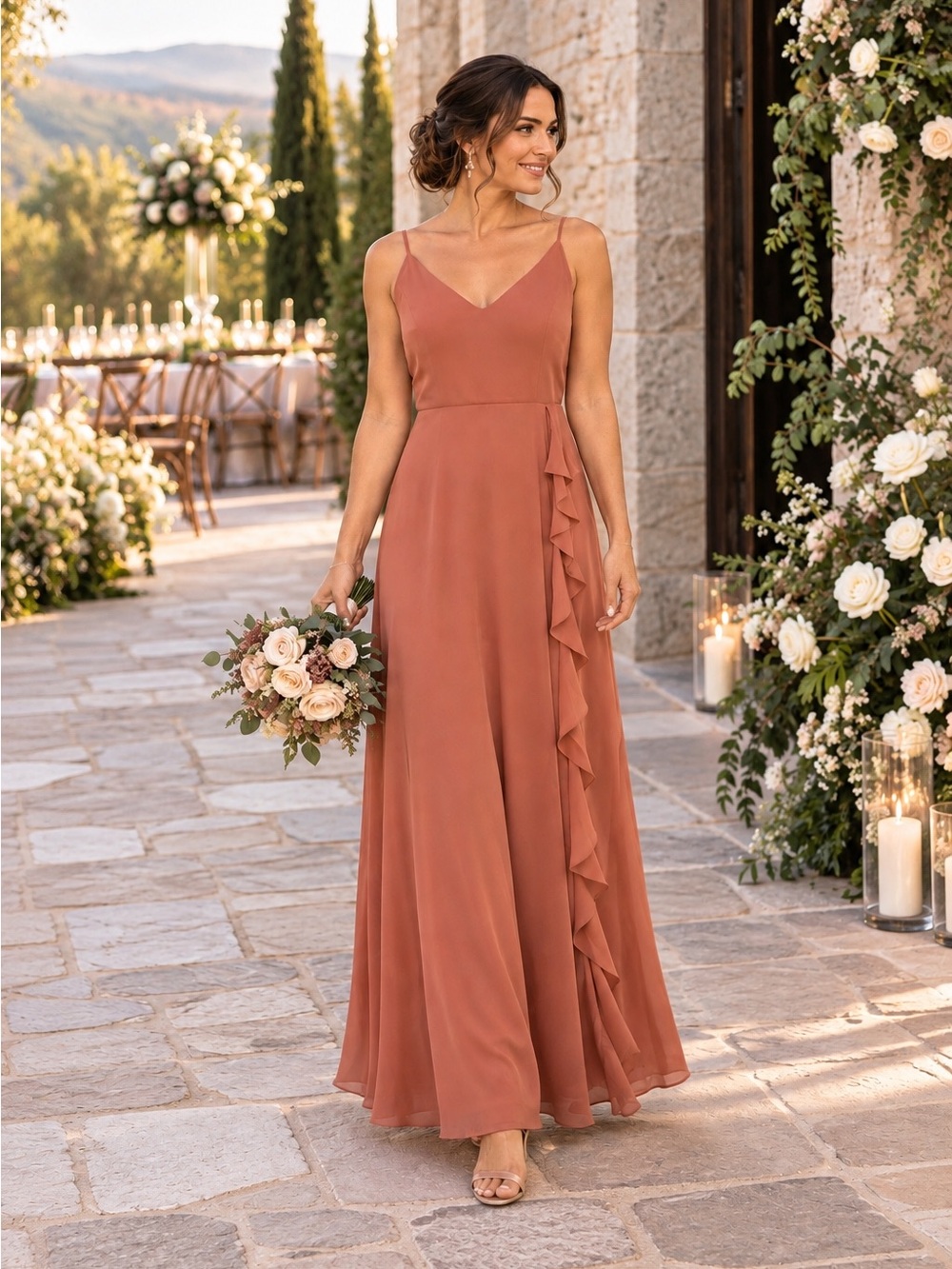 Birdy Grey Terracotta Spaghetti Strap Maxi Dress with Side Slit Ruffle XL